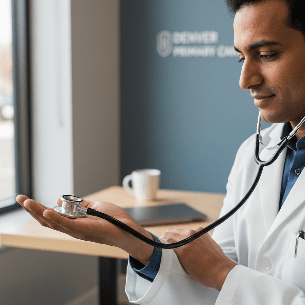 Board-certified physician holding a stethoscope in a Denver clinic